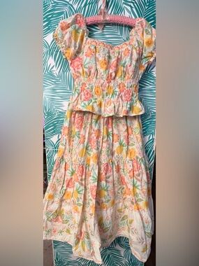 Rachel Zoe tropical pineapple floral embroidered crop smocked top & maxi skirt